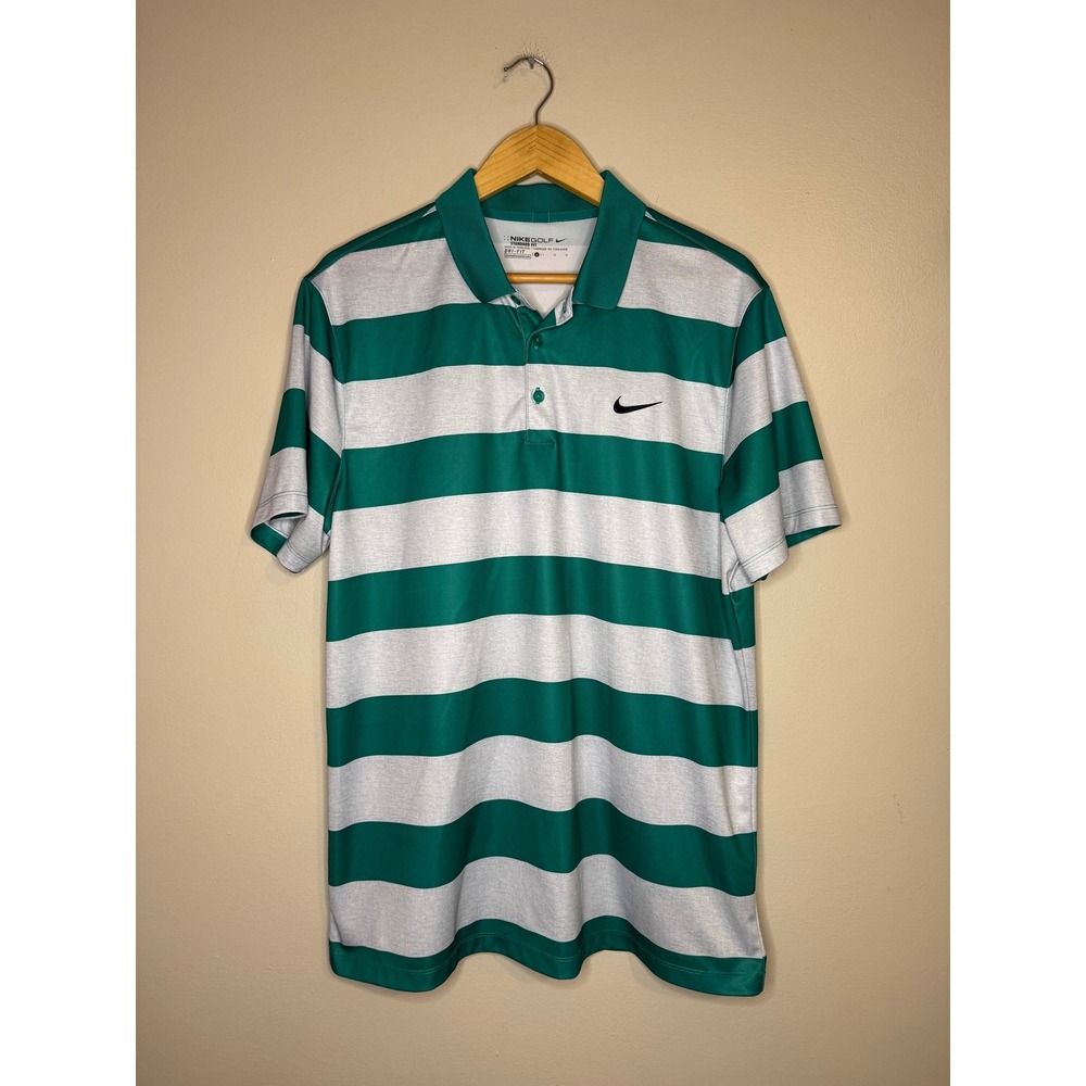 Nike Golf Mens Dri-FIT Striped Polo Shirt Green White Standard Fit Large
